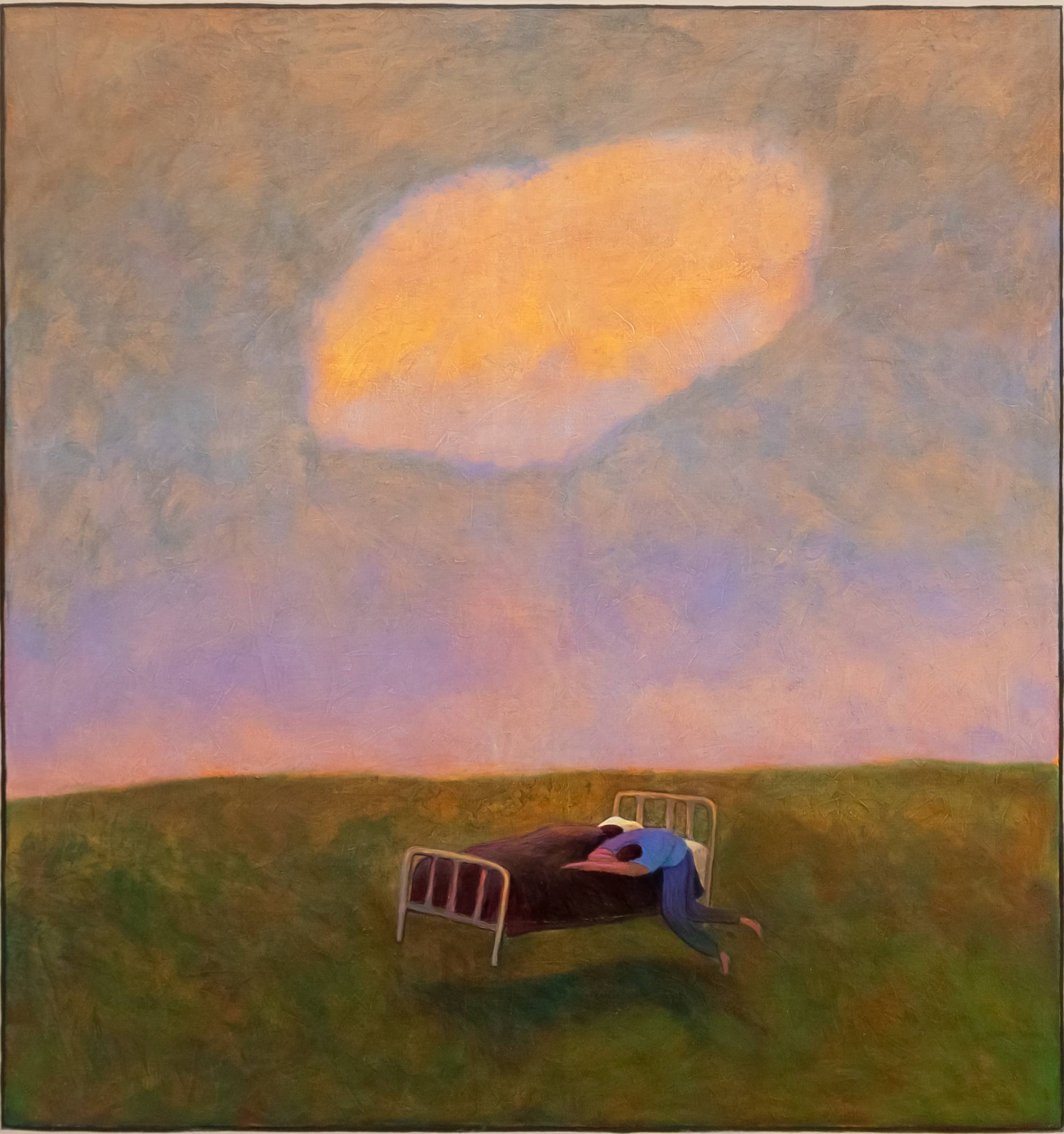 sky and field with bed floating slightly above the field and a male figure laying with his torso on the bed face down